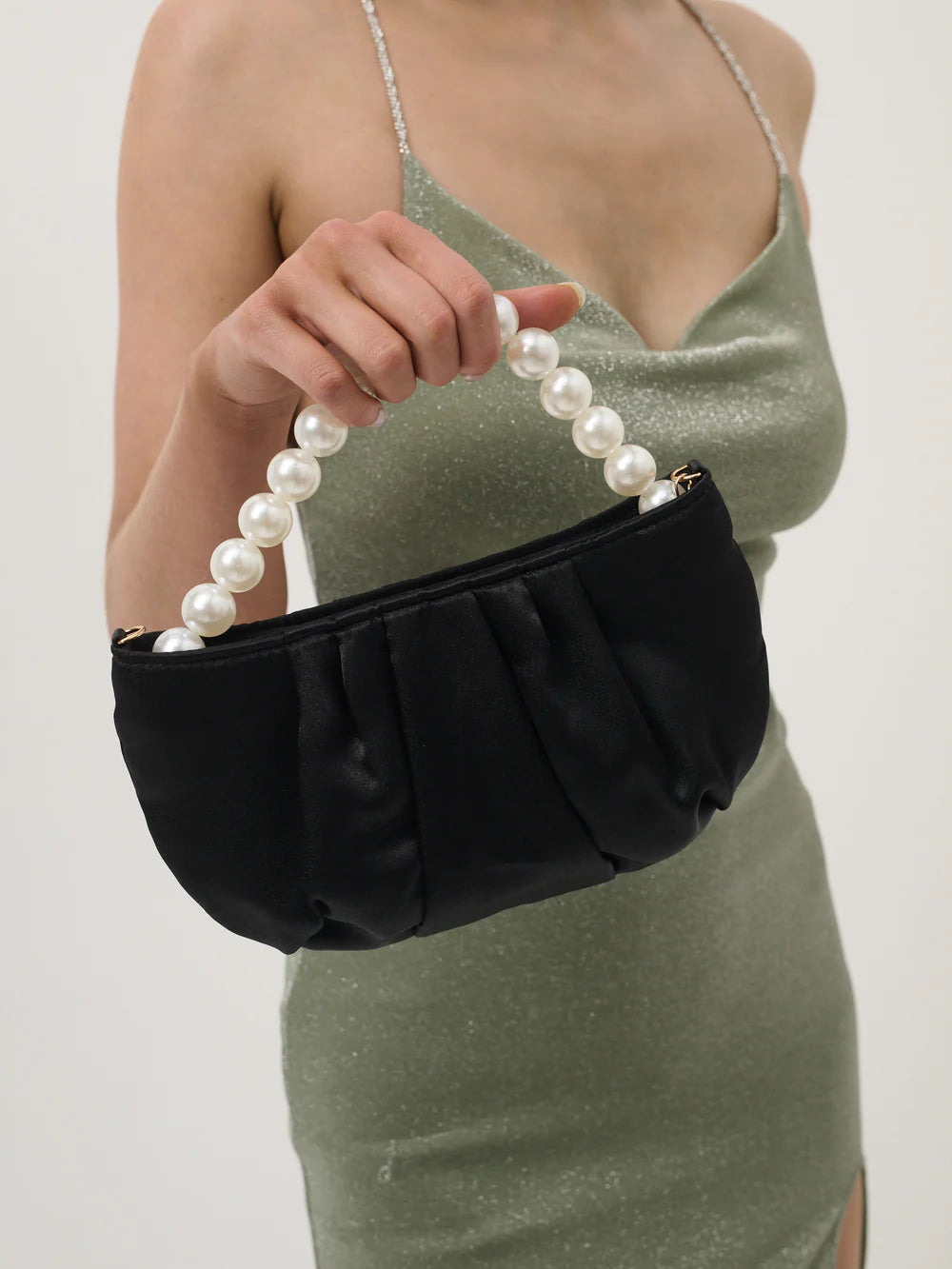 Suzy Satin Pearl Strap Bag in Black