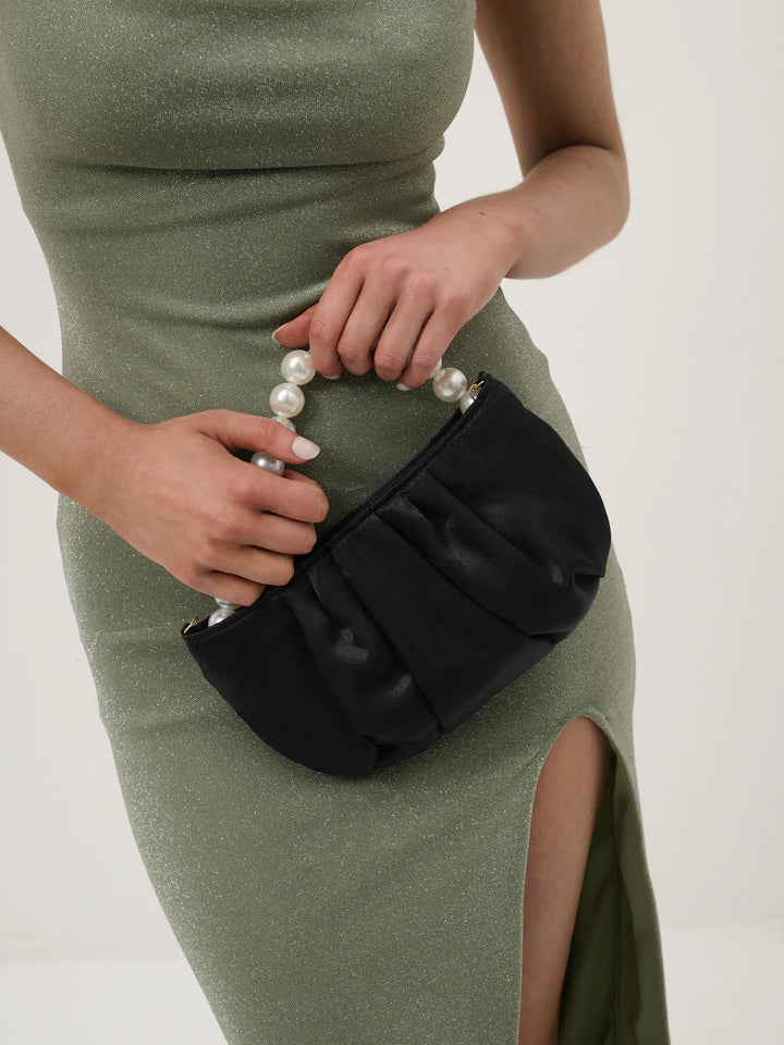 Suzy Satin Pearl Strap Bag in Black