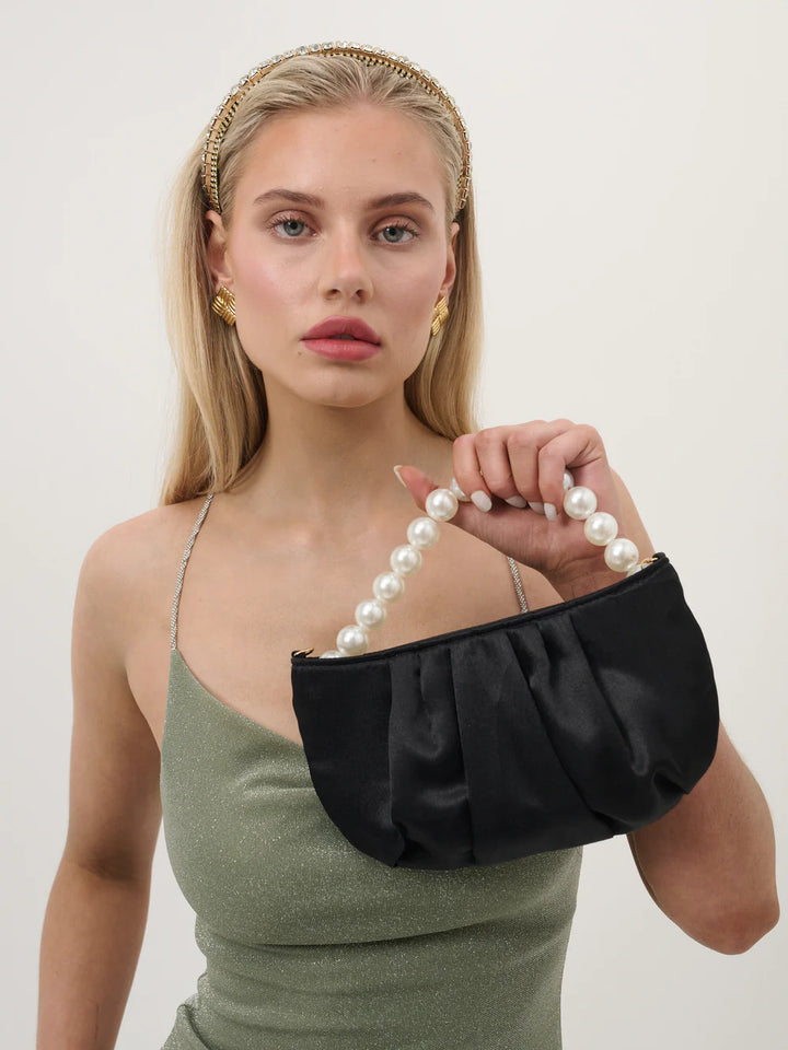 Suzy Satin Pearl Strap Bag in Black