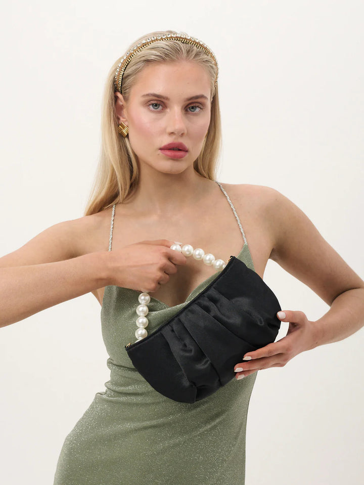 Suzy Satin Pearl Strap Bag in Black