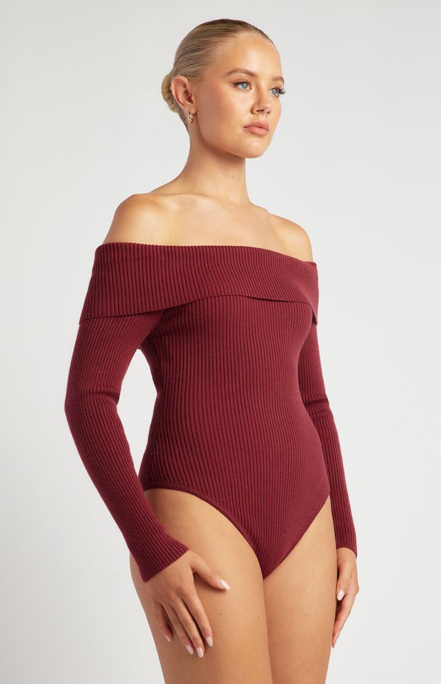Drita Long Sleeve Bodysuit Top - Burgundy